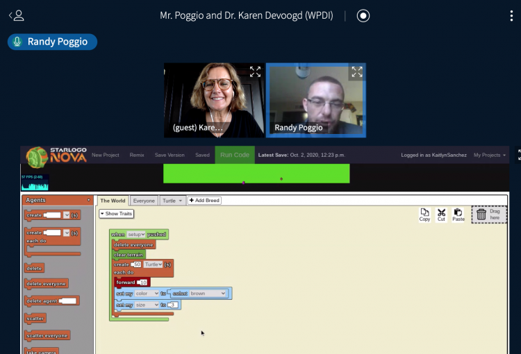 Video call between Dr. Karen DeVoogd (WPDI) and Mr. Poggio (7th grade science teacher)