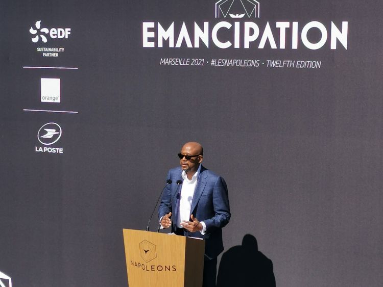 Forest Whitaker speaking at the 2021 Les Napoleons Summit in Marseille, France
